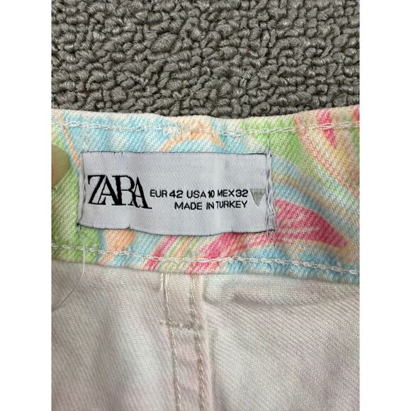 Zara Women's 10 Pastel Multi-Color Frayed Hem Swirl Print Tie Die Denim Shorts‎ - Picture 3 of 7